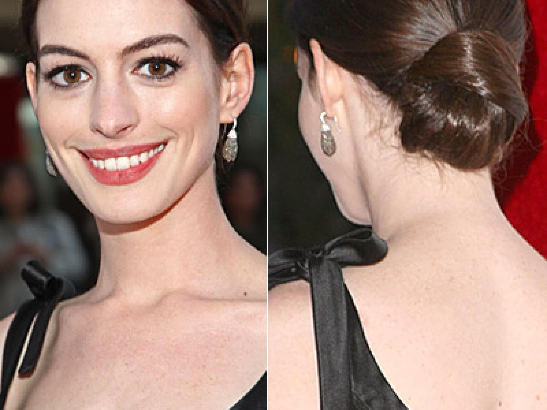 Anne Hathaway trägt einen Chignon mit Mittelscheitel