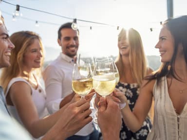 Eine Gruppe stößt mit alkoholischen Getränke an