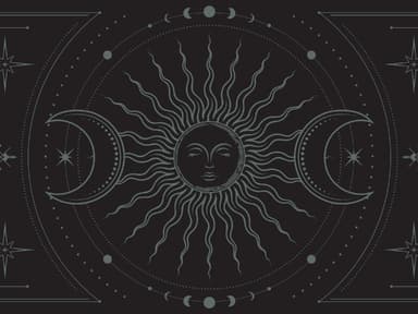 Vektor mystischer Boho-Hintergrund mit kunstvollem geometrischem Rahmen, magische Sonne mit schlafendem Gesicht