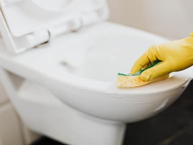 Person putzt eine weiße Toilette mit einem gelben Schwamm