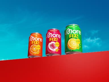 Drei bunte Getränkedosen mit der Aufschrift „More Fizi“ auf einer roten Mauer vor blauem Himmel.